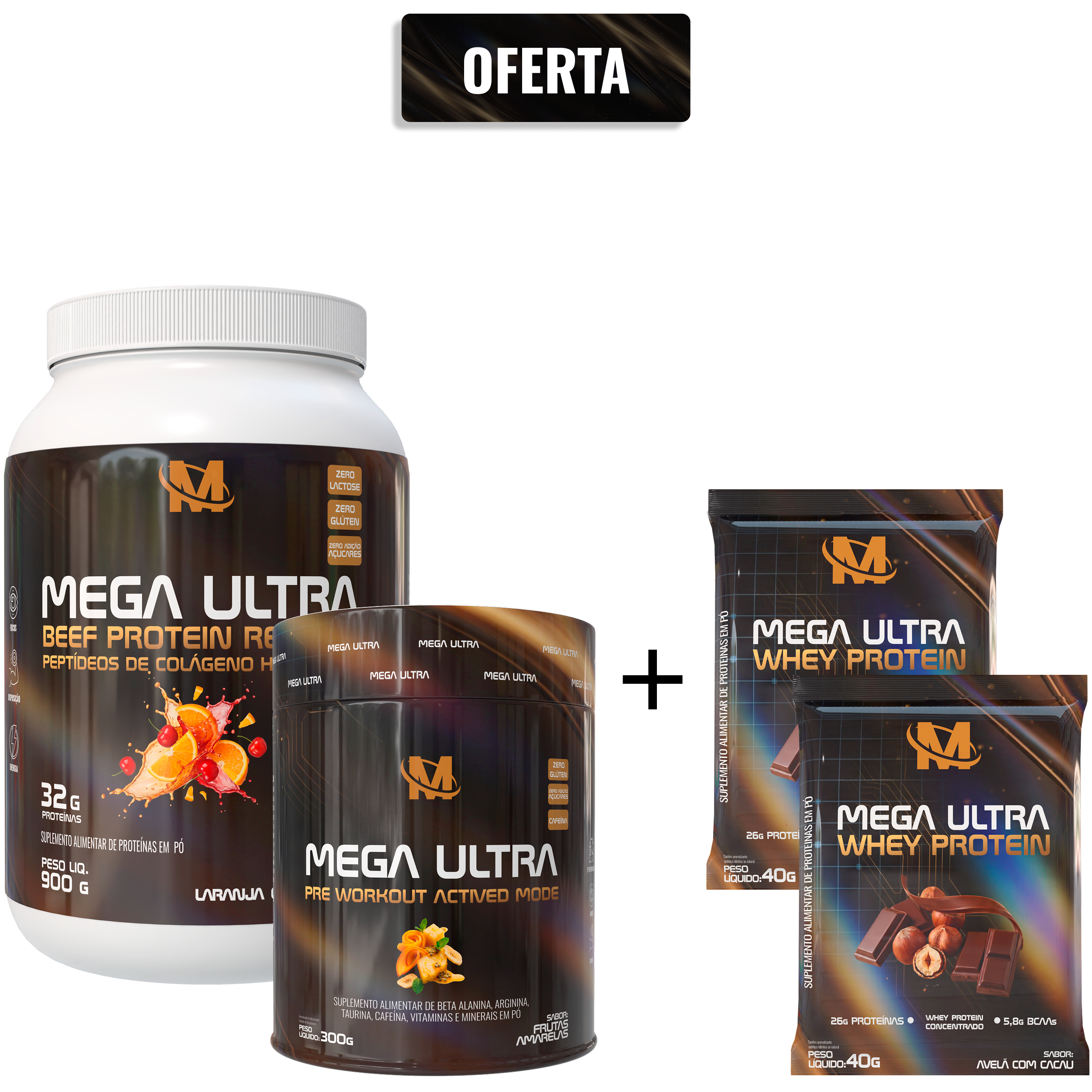 OFERTA - Beef Protein + Pré Treino e GANHE 2 Sachês de Mega Ultra Whey (40 gr) sabor Cacau com avelã