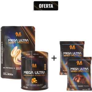 OFERTA - Whey + Pré Treino e GANHE 2 Sachês de Mega Ultra Whey (40 gr) sabor Cacau com avelã