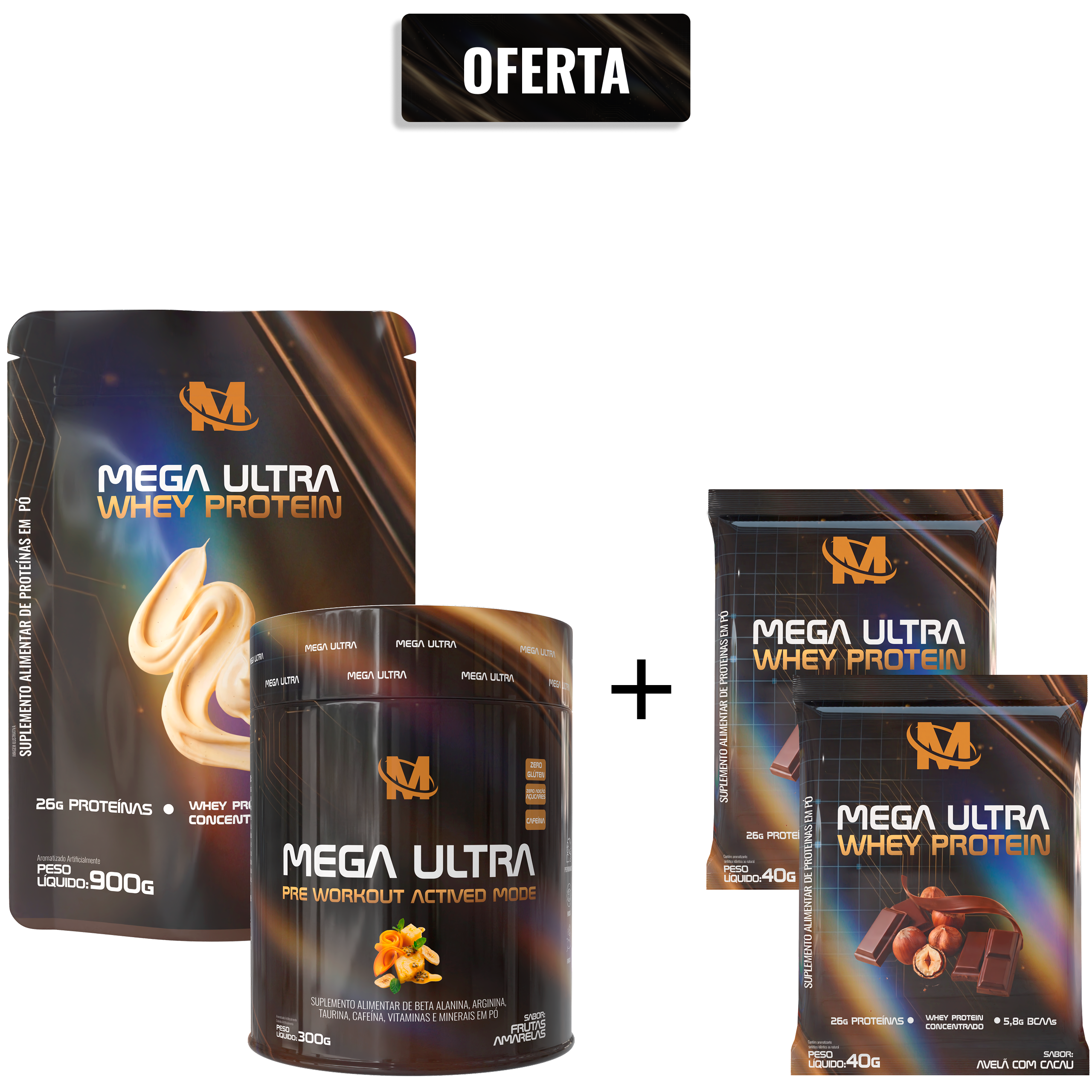 OFERTA - Whey + Pré Treino e GANHE 2 Sachês de Mega Ultra Whey (40 gr) sabor Cacau com avelã